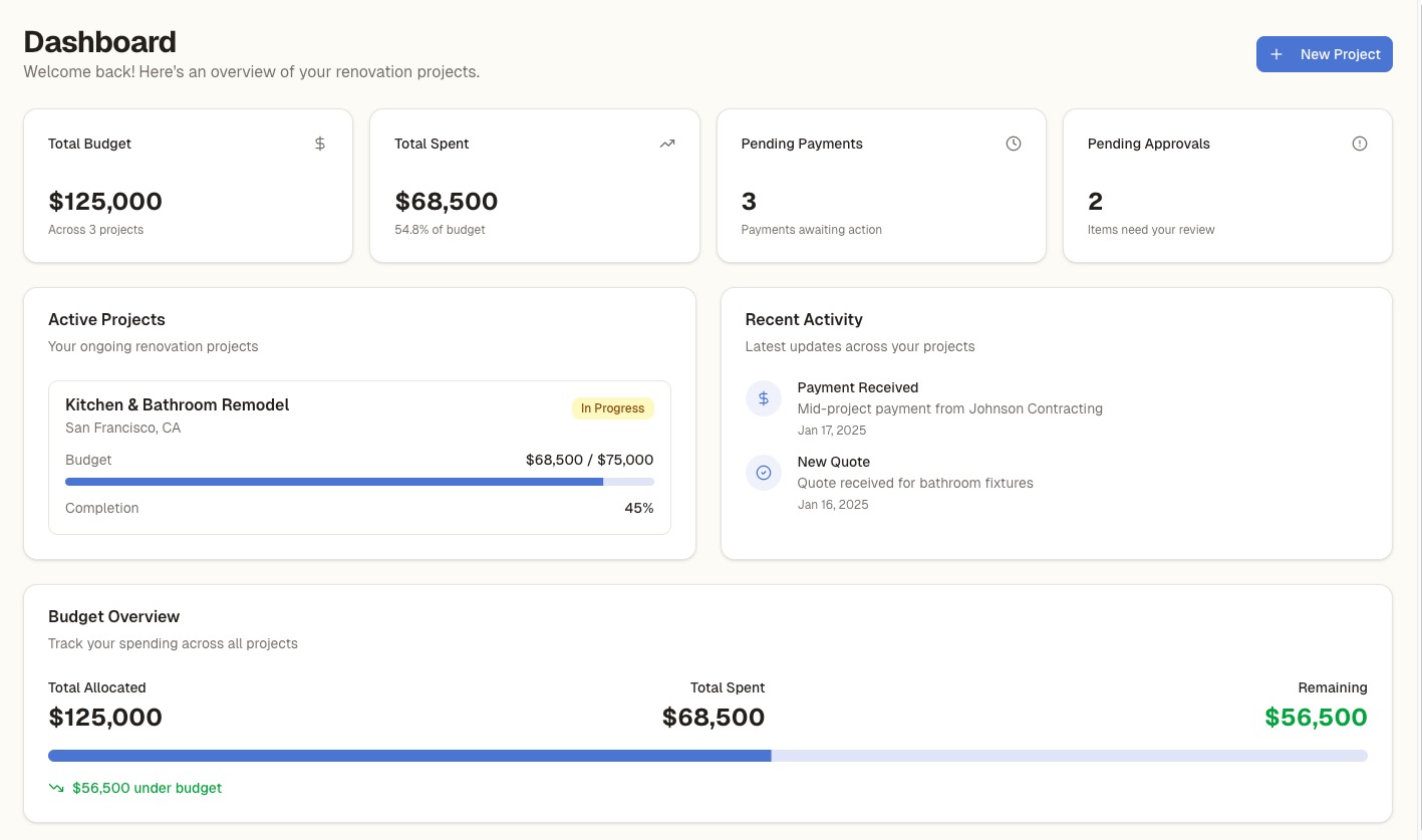 RenoCanvas dashboard showing multiple property renovation projects