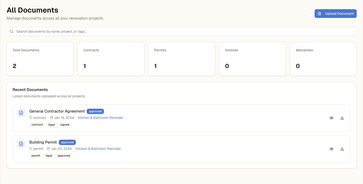 RenoCanvas document hub showing organized contracts, permits, and receipts with search