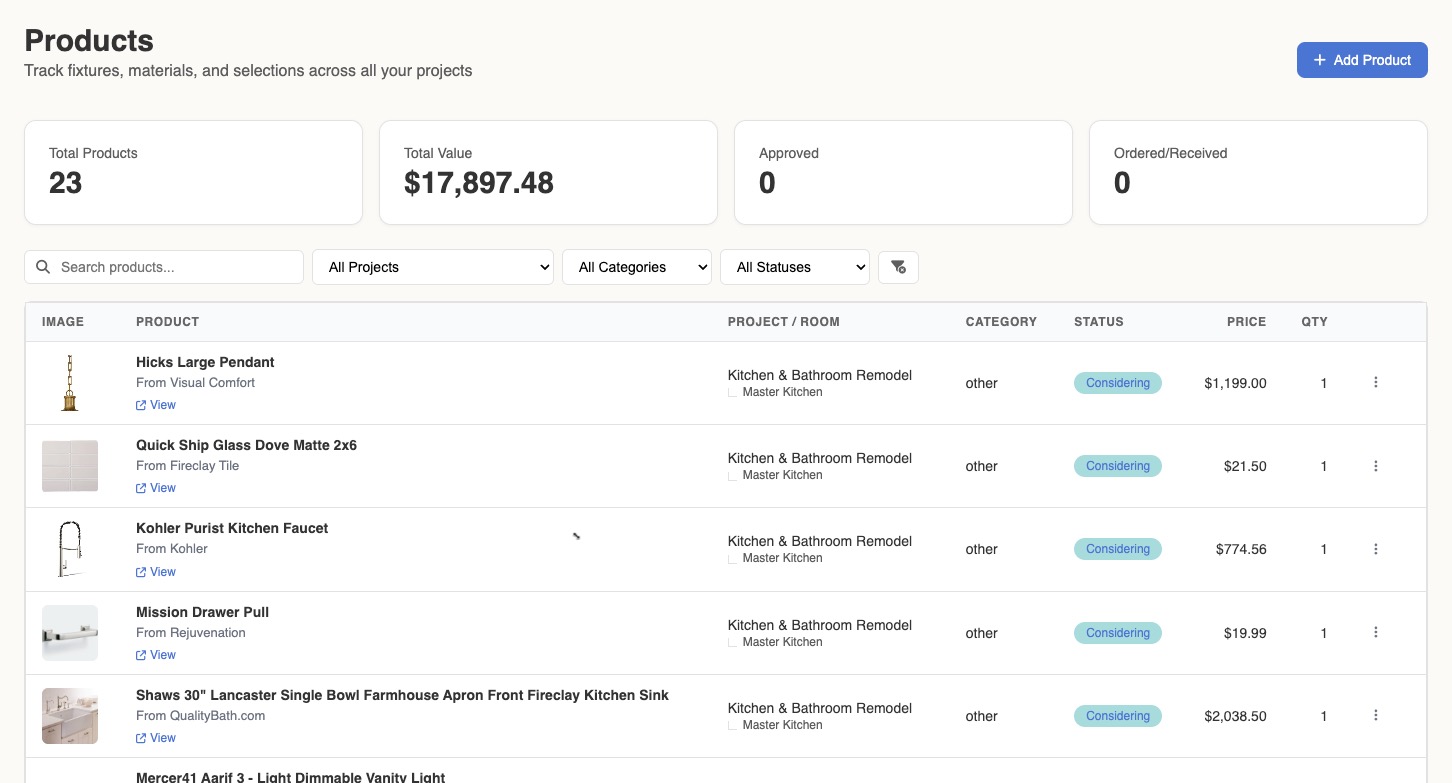 RenoCanvas product library showing fixtures with status tracking from considering to installed