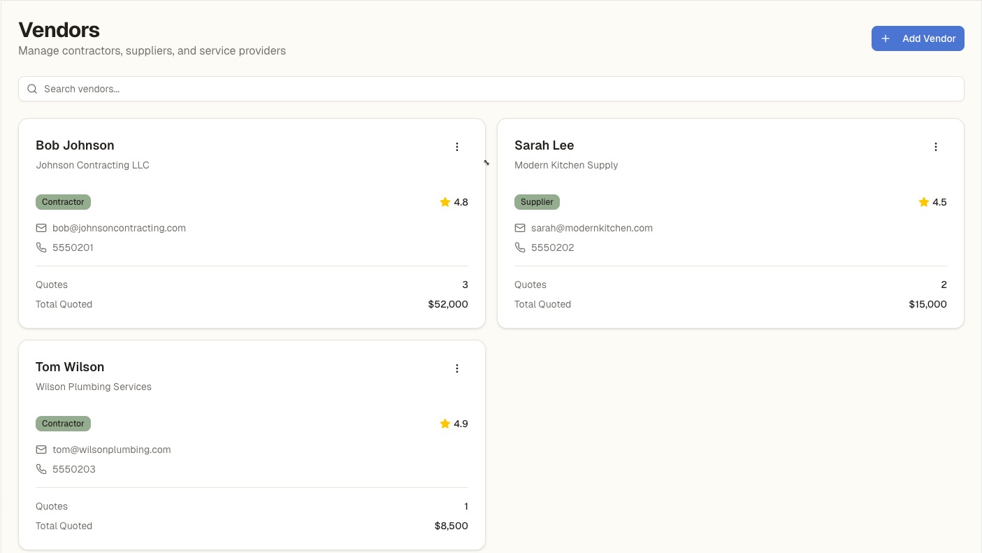 RenoCanvas vendor management showing contractor database